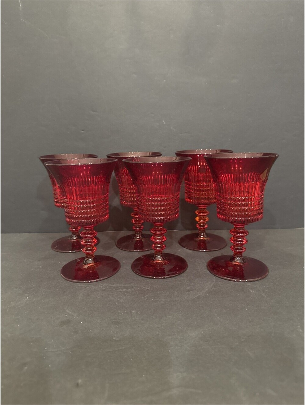 Vtg Fenton Art Glass (6) Lincoln Inn Ruby Red Wine/Water Goblet Set 1930’s